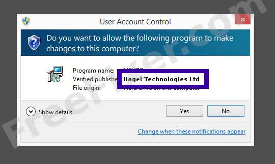 Screenshot where Hagel Technologies Ltd appears as the verified publisher in the UAC dialog